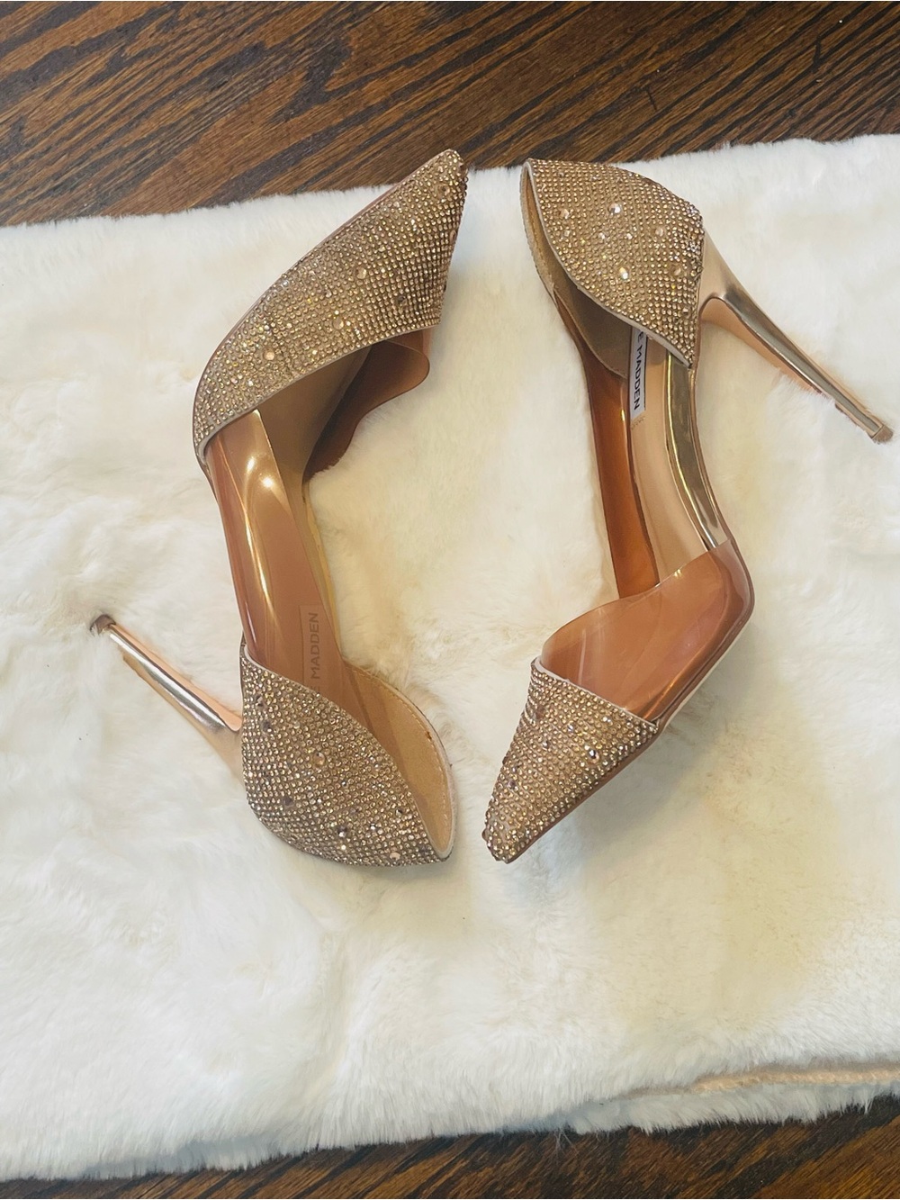 Steve Madden elegant gold Crystal Pointed-Toe Clear Panel Stiletto Heels - Picture 8 of 12